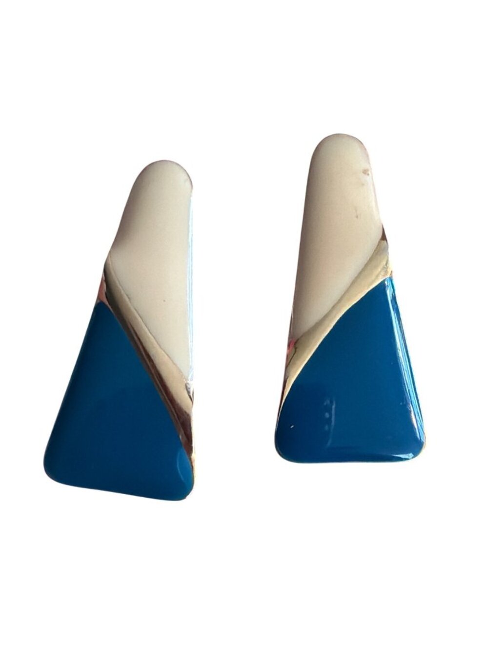 Vintage 80s Geometric Gold Tone Enamel Drop Earrings Blue Cream Modern MCM 1.25"